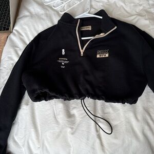 White Fox Boutique Black Cropped Quarter-Zip Drawcord Sweatshirt